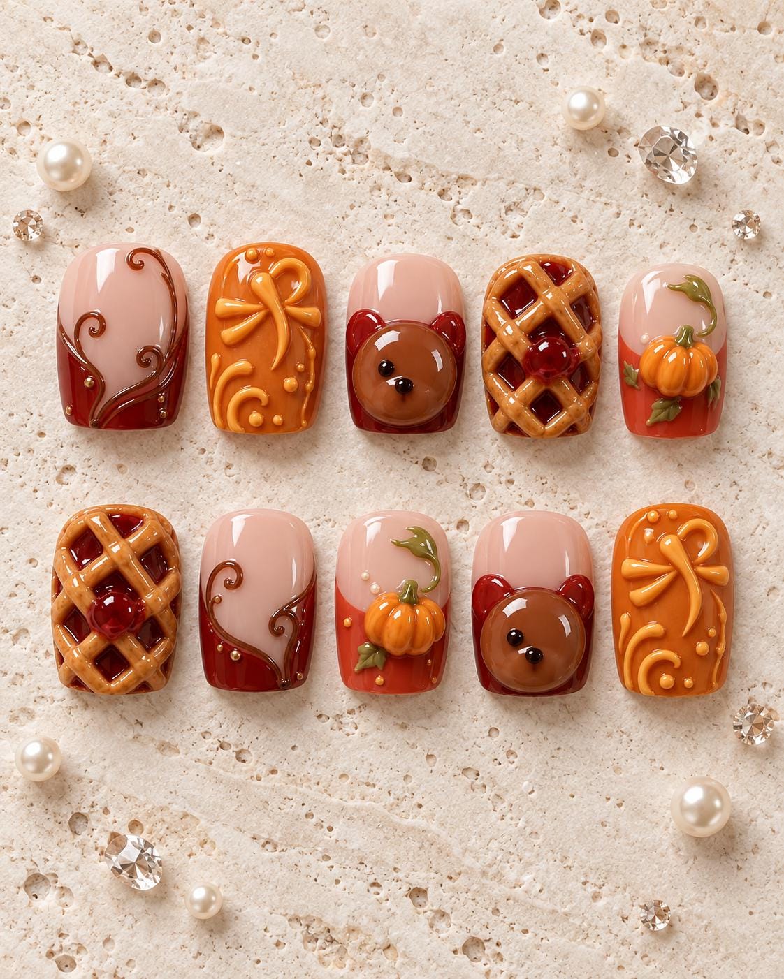 Thanksgiving Pumpkin, Pie, Bear Face and Bow Press On Nails