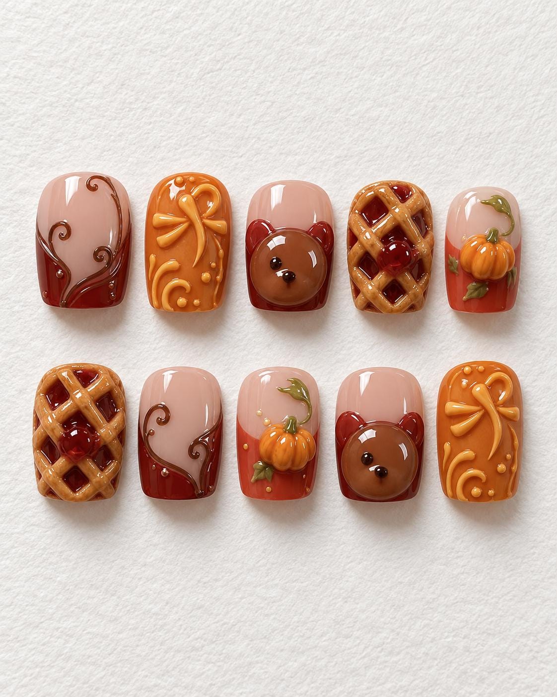 Thanksgiving Pumpkin, Pie, Bear Face and Bow Press On Nails