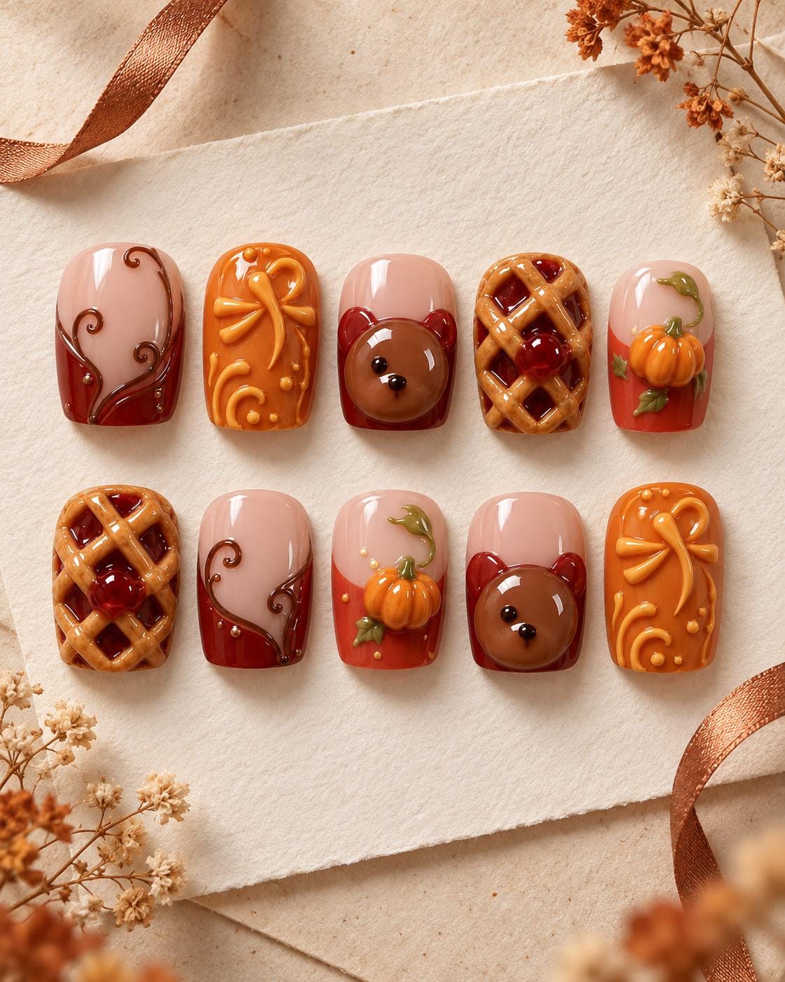 Thanksgiving Pumpkin, Pie, Bear Face and Bow Press On Nails