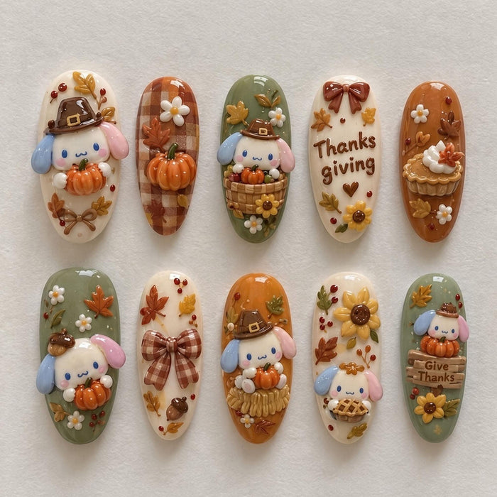 Thanksgiving Pumpkin Press-On Nail Set With Plaid Bows and 3D Harvest Details