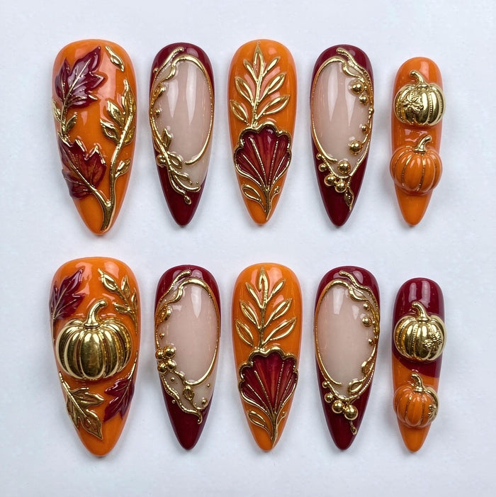 Thanksgiving Pumpkin Press On Nails With Gold Botanical Details