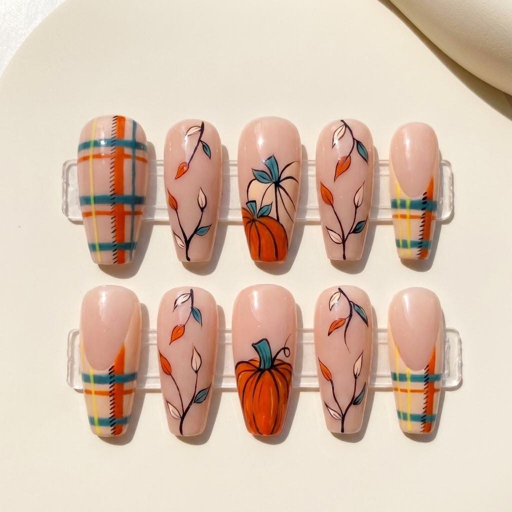 Thanksgiving Pumpkin, Teal Leaf, and Plaid Autumn Nail Set