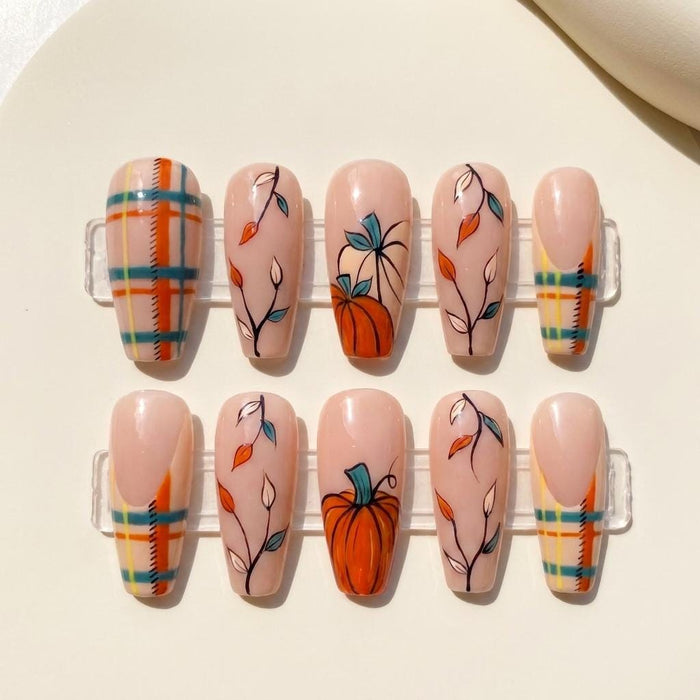 Thanksgiving Pumpkin, Teal Leaf, and Plaid Autumn Press On Nail Set
