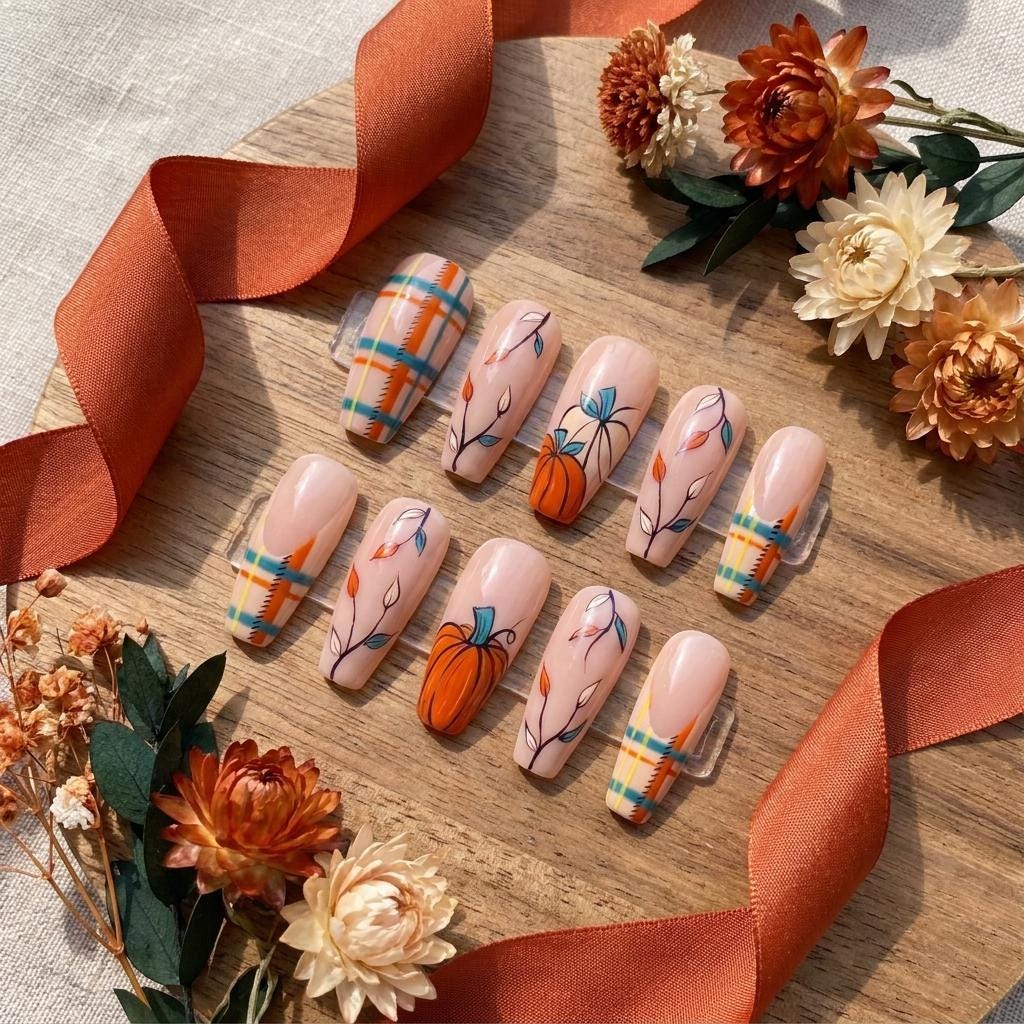 Thanksgiving Pumpkin, Teal Leaf, and Plaid Autumn Nail Set