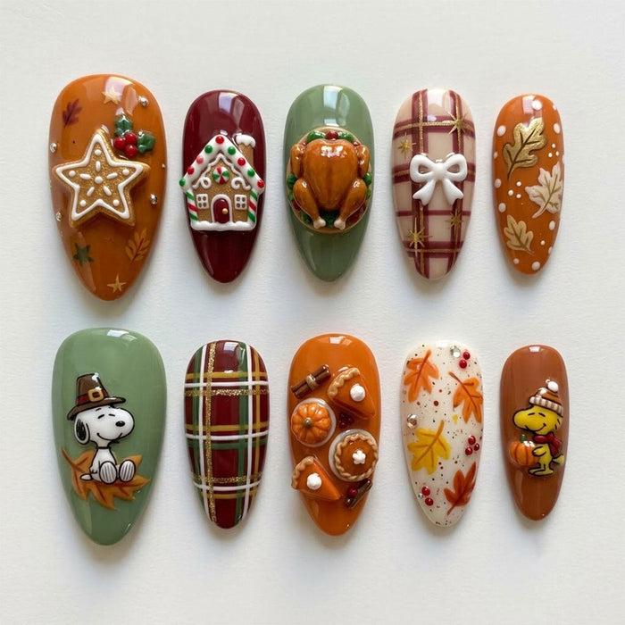 Thanksgiving Snoopy Press-On Nails With Plaid, Pumpkins, and 3D Autumn Details