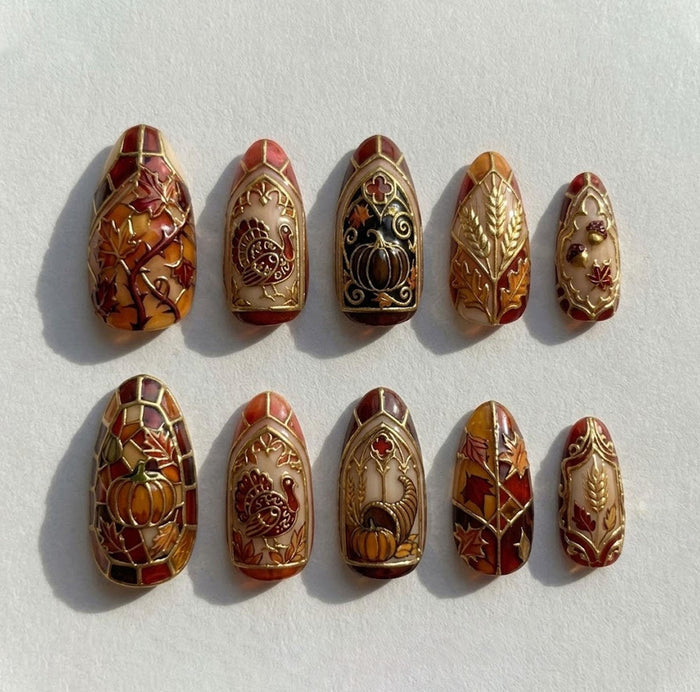 Thanksgiving Stained Glass Press On Nails With Gold Detailing, Pumpkins and Wheat