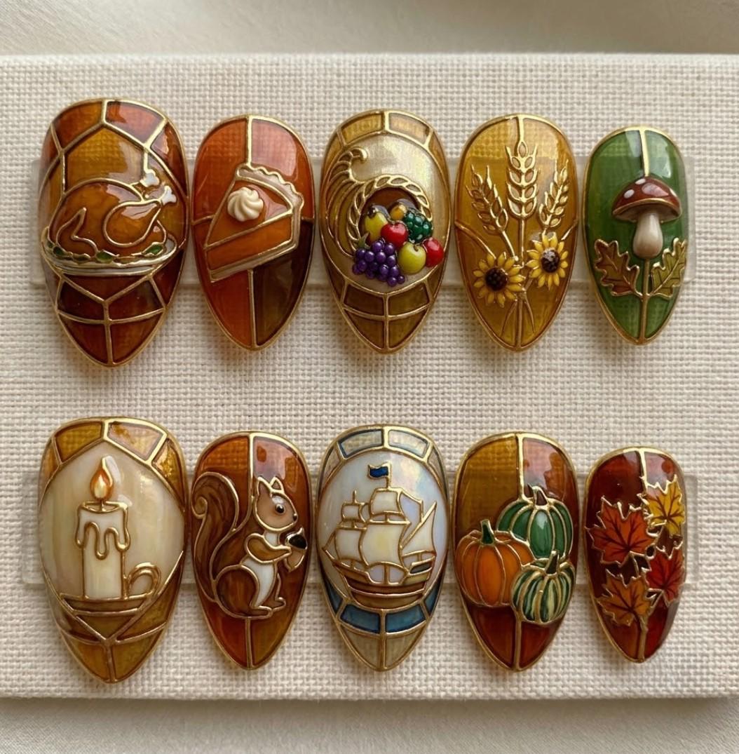Thanksgiving Stained Glass Press On Nails With Harvest Motifs and Raised Gold Outlines