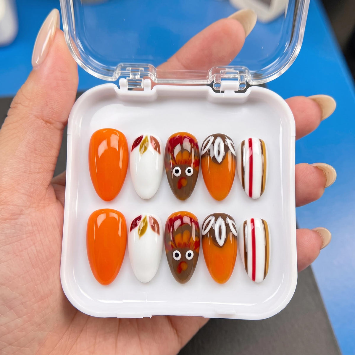 Thanksgiving Turkey and Autumn Leaf Nail Set in Orange, White, and Brown