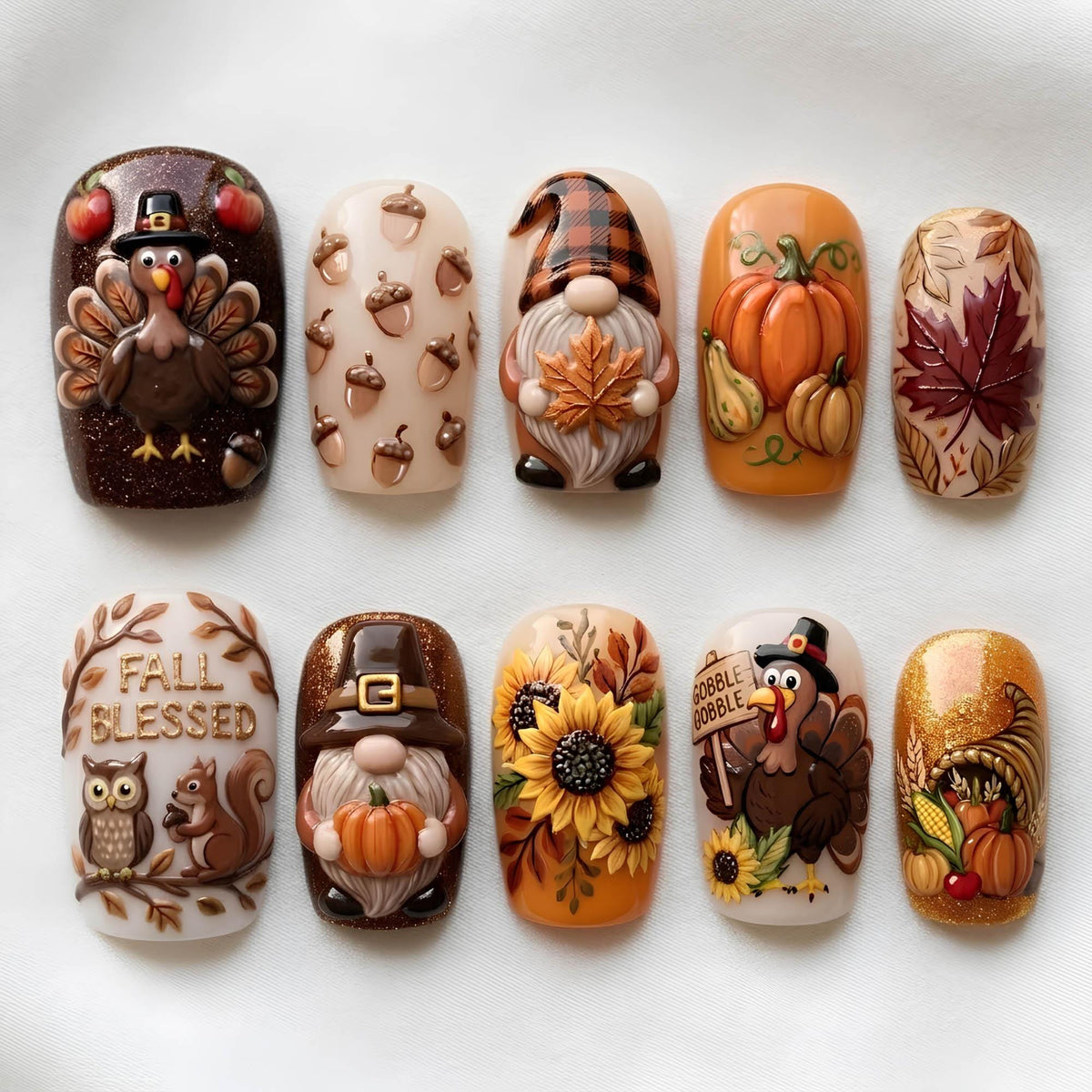 Thanksgiving Turkey and Fall Gnome Press On Nails With Pumpkins and Sunflowers