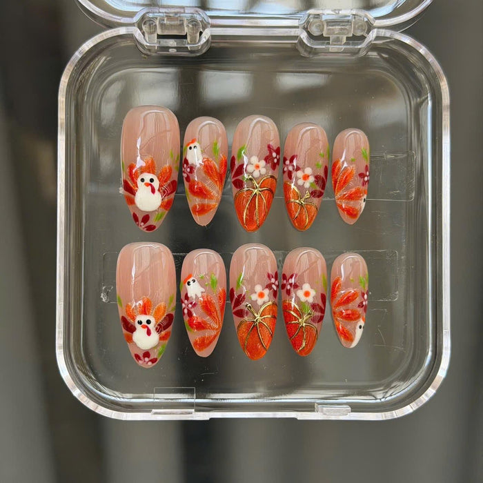 Thanksgiving Turkey and Pumpkin Press On Nails With Autumn Leaves and Flowers