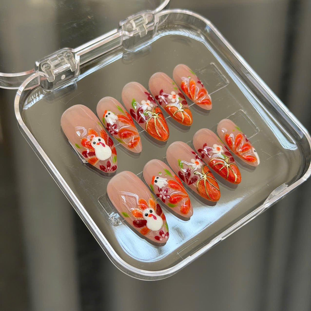 Thanksgiving Turkey and Pumpkin Nails With Autumn Leaves and Flowers