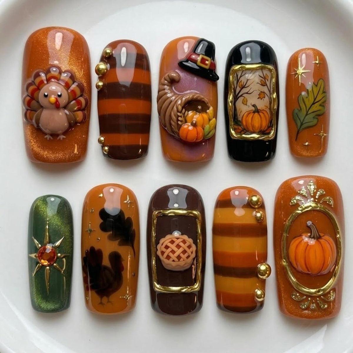 Thanksgiving Turkey and Pumpkin Press-On Nails with Autumn Leaves and Harvest Details