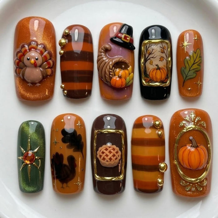 Thanksgiving Turkey and Pumpkin Press-On Nails with Autumn Leaves and Harvest Details