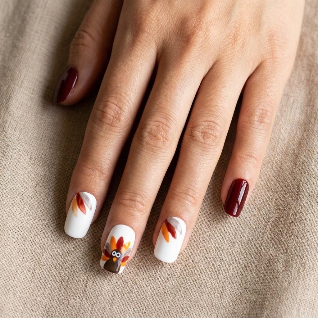Thanksgiving Turkey Press On Nails in Burgundy, White, and Autumn Feather Colors