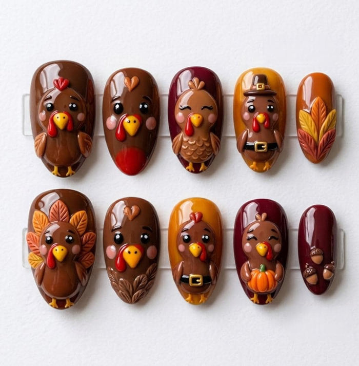 Thanksgiving Turkey Press On Nails With 3D Pilgrim Hats, Pumpkins and Fall Leaves