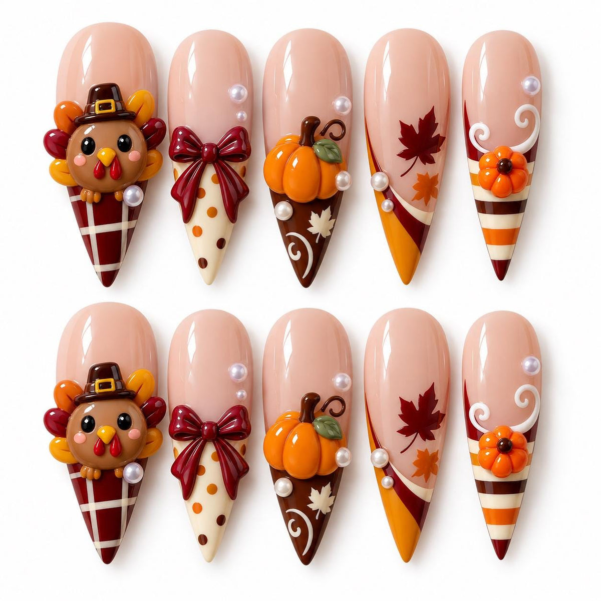 Thanksgiving Turkey Press On Nails With 3D Pumpkins, Bows, Leaves and Plaid