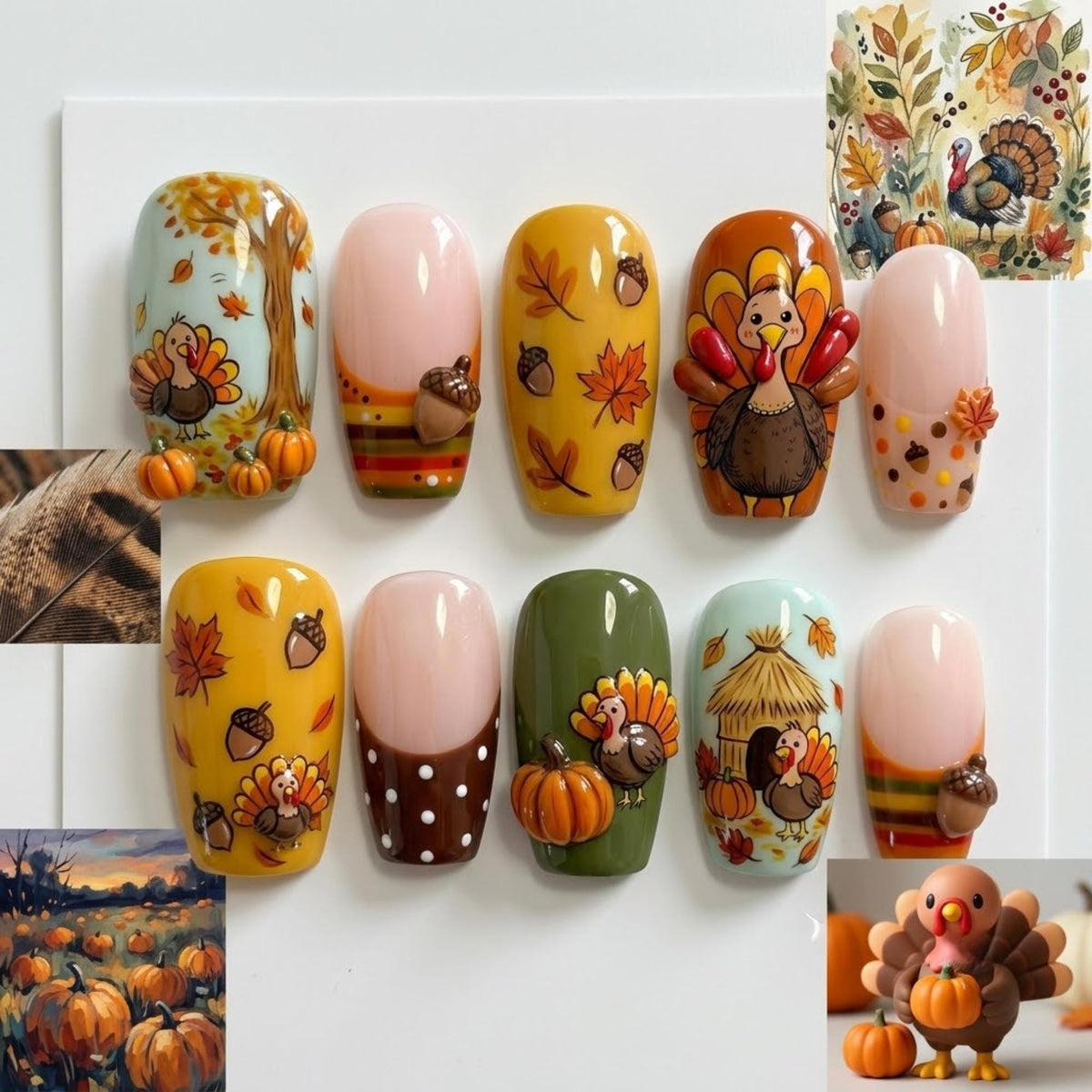 Thanksgiving Turkey Press On Nails With 3D Pumpkins, Acorns & Fall Leaves