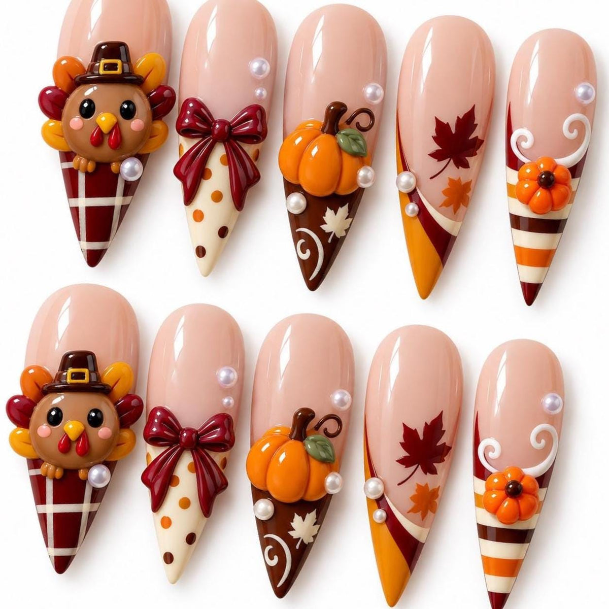 Thanksgiving Turkey Press On Nails With 3D Pumpkins, Bows, Leaves and Plaid