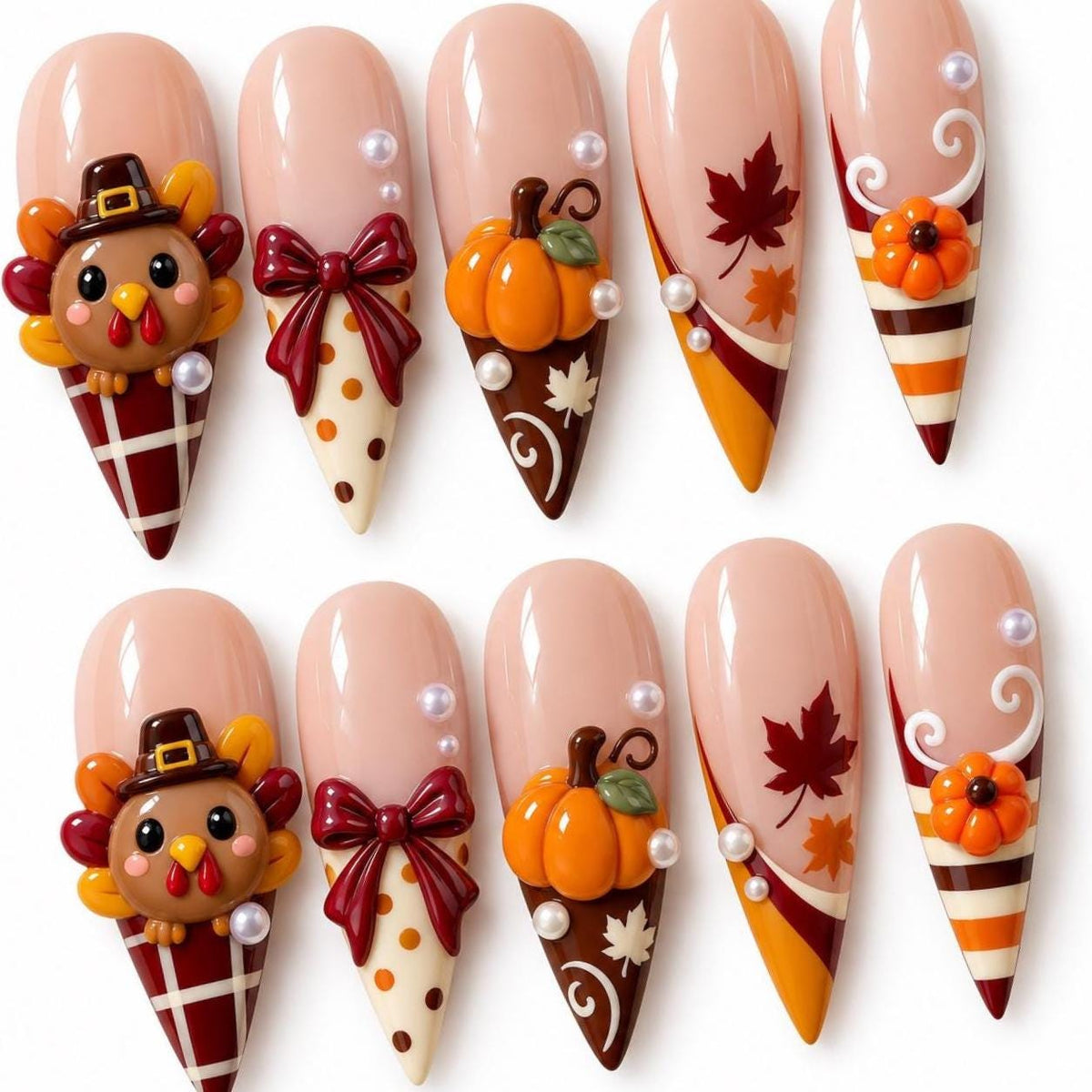 Thanksgiving Turkey Press On Nails With 3D Pumpkins, Bows, Leaves and Plaid