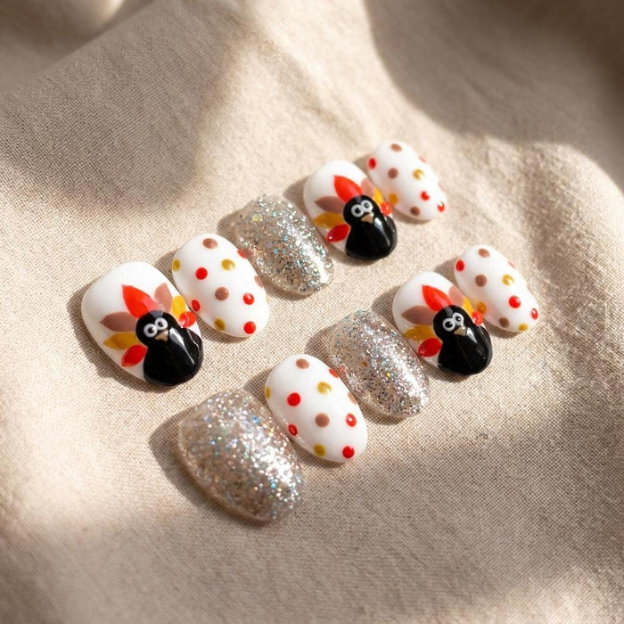 Thanksgiving Turkey Press On Nails With Autumn Dots and Silver Holographic Glitter