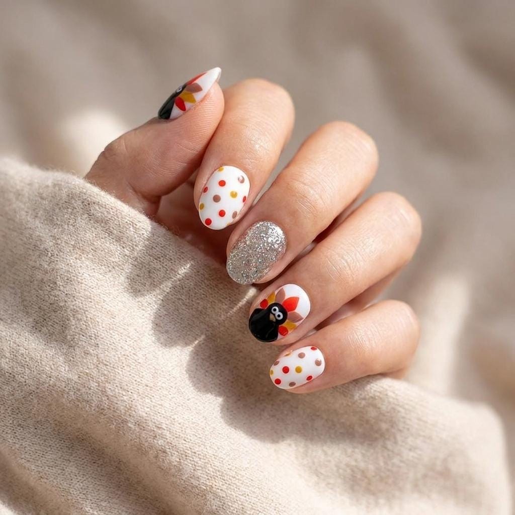 Thanksgiving Turkey Press On Nails With Autumn Dots and Silver Holographic Glitter
