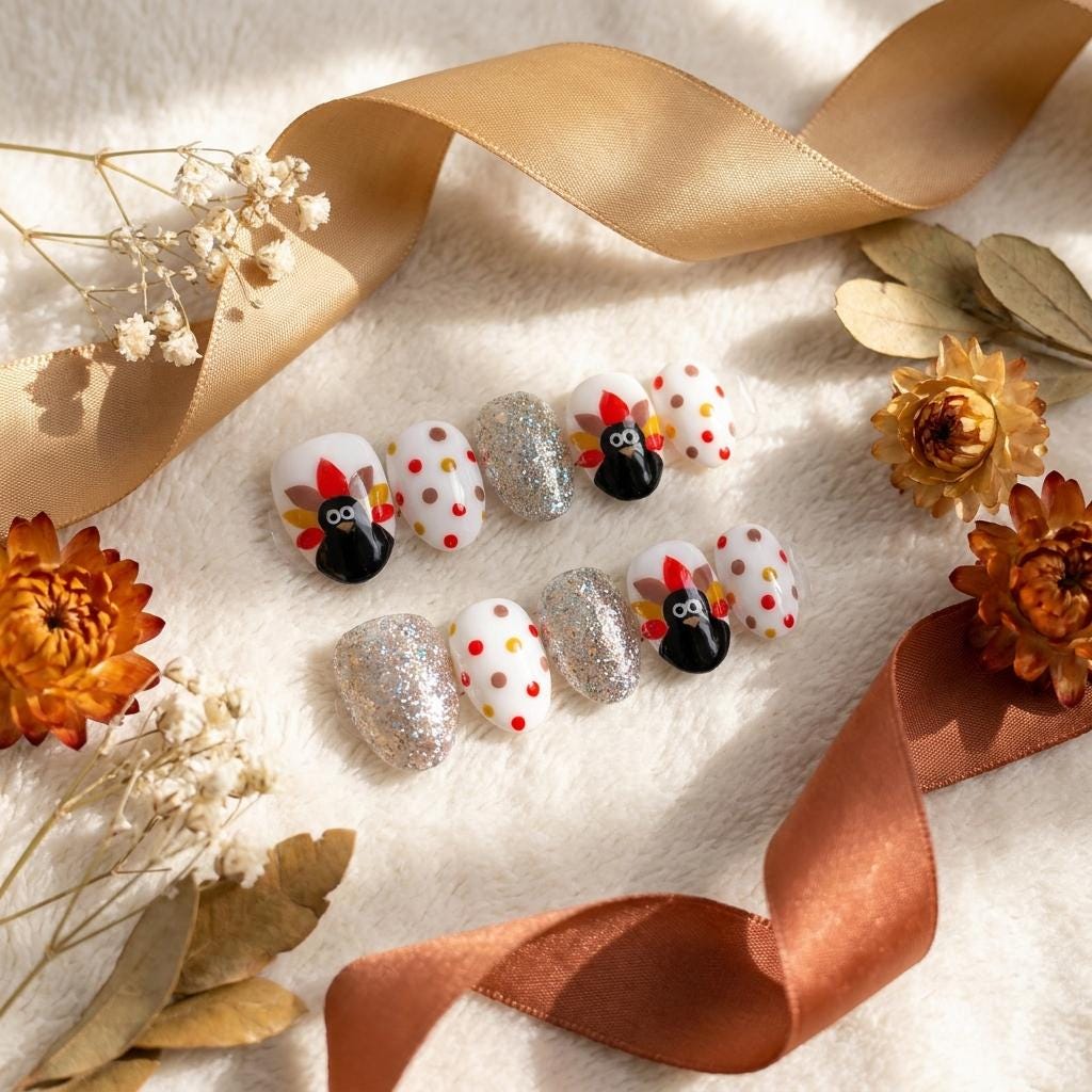 Thanksgiving Turkey Press On Nails With Autumn Dots and Silver Holographic Glitter