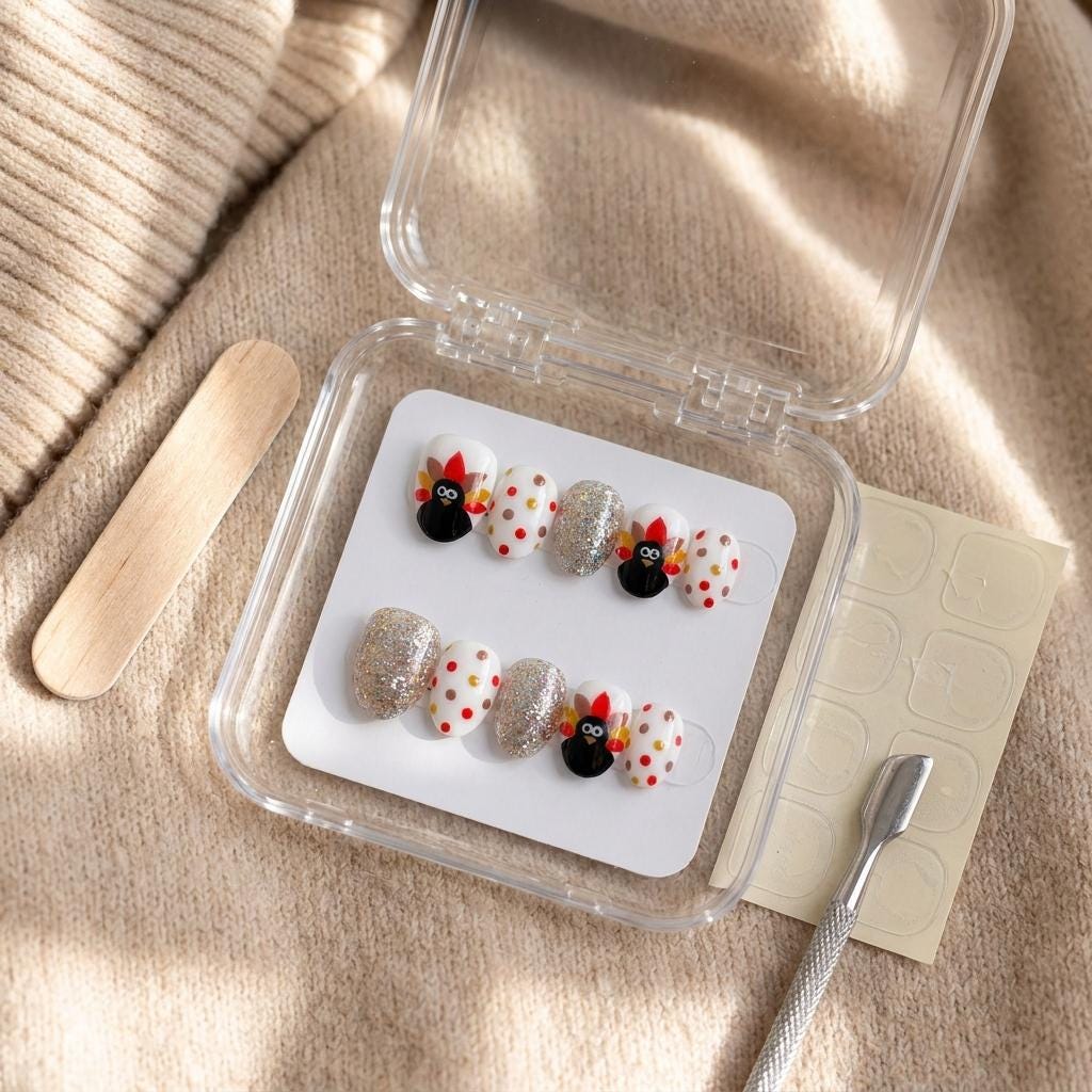 Thanksgiving Turkey Press On Nails With Autumn Dots and Silver Holographic Glitter
