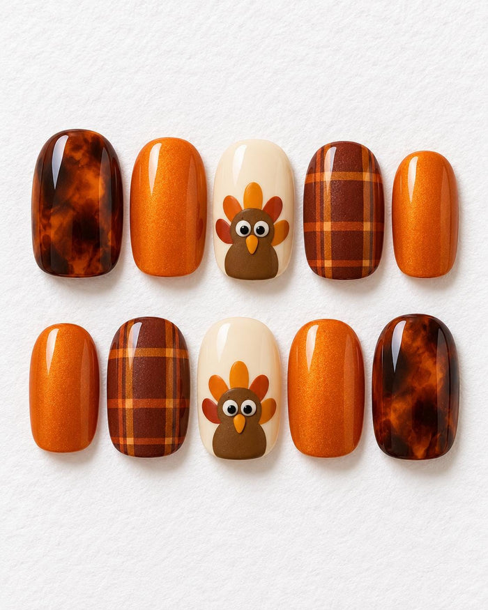Thanksgiving Turkey Press-On Nails With Burnt Orange Shimmer, Plaid, and Tortoise Shell