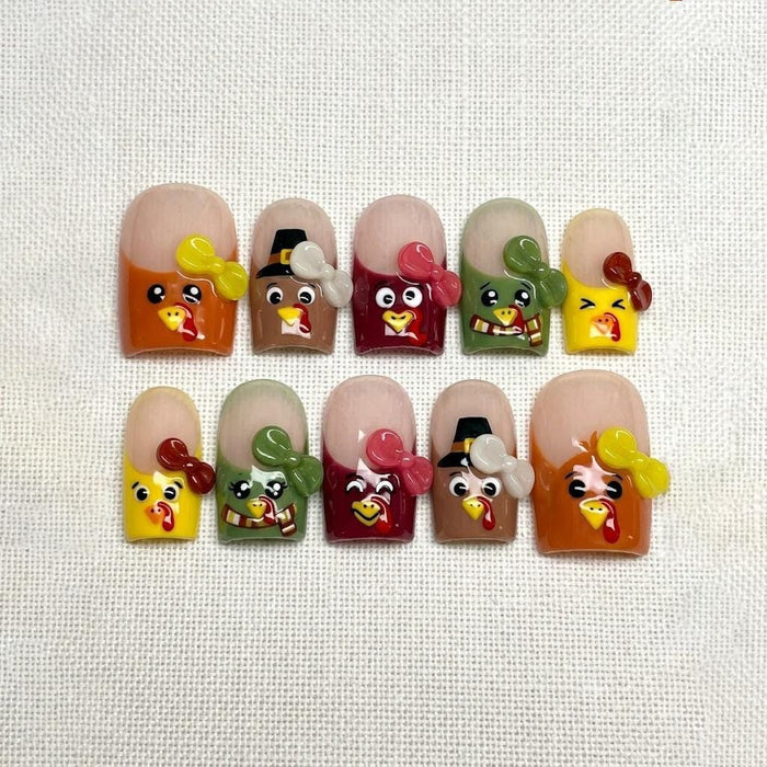 Thanksgiving Turkey Press On Nails With Colorful 3D Bow Details