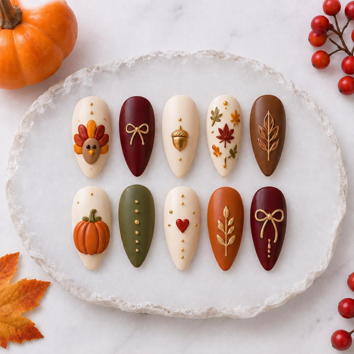 Thanksgiving Turkey, Pumpkin, Acorn & Bow Press On Nails