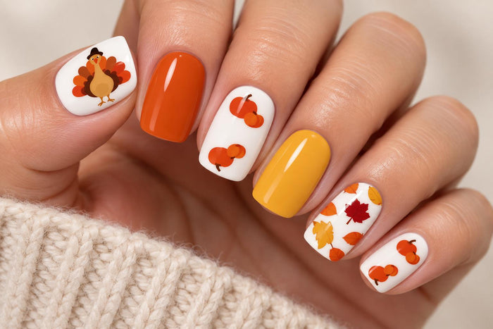Thanksgiving Turkey, Pumpkin & Autumn Leaf Press On Nail Wraps in Orange and Yellow