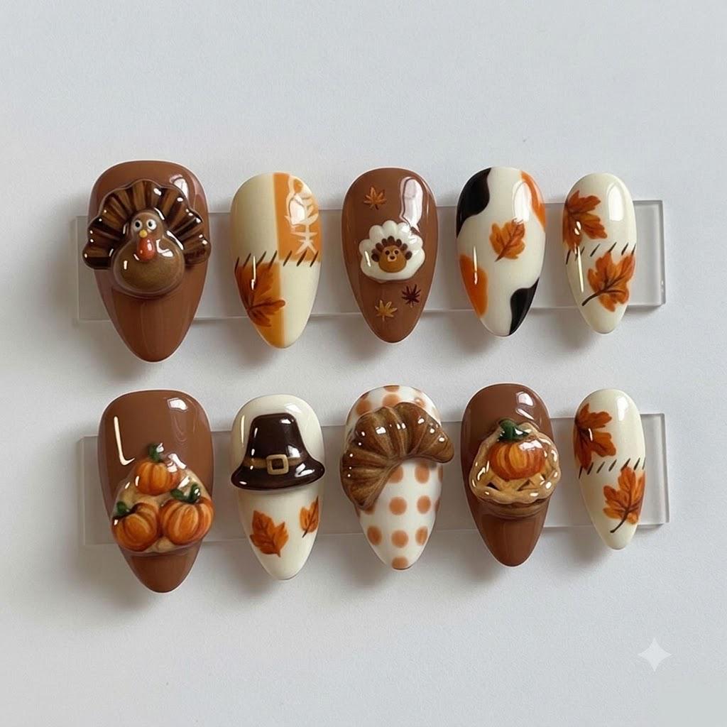 Thanksgiving Turkey, Pumpkin Pie & Autumn Leaf Nail Set