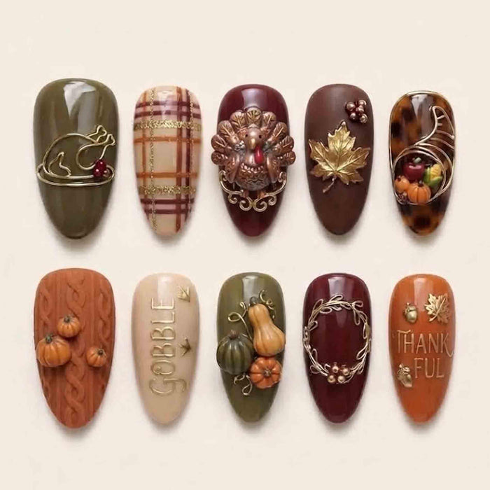 Thanksgiving Turkey, Pumpkin & Plaid Press-On Nail Set