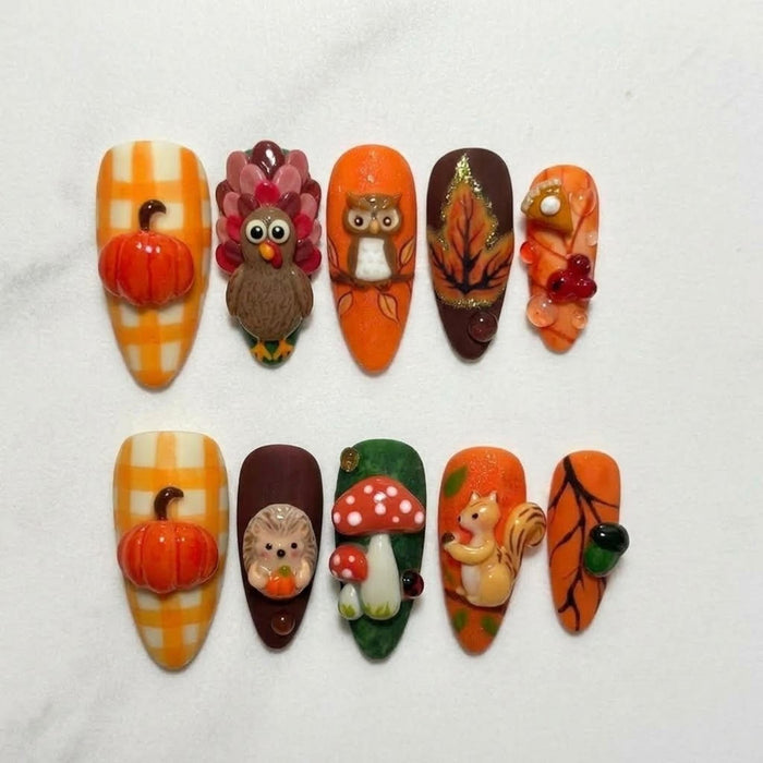 Thanksgiving Woodland Harvest Press-On Nails With 3D Pumpkins, Animals, Mushrooms, and Plaid