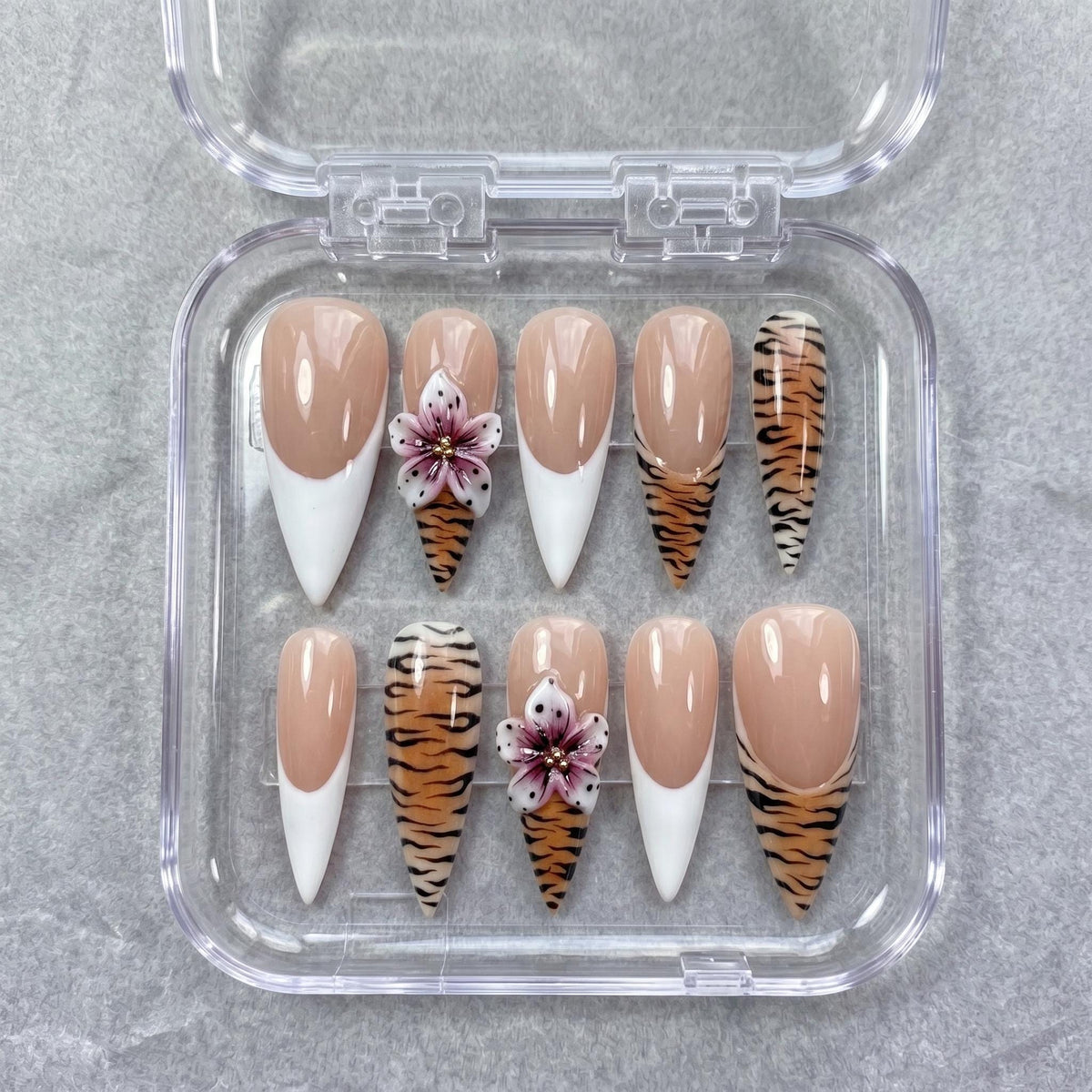 Tiger Print French Tip Nails With 3D Pink Flowers