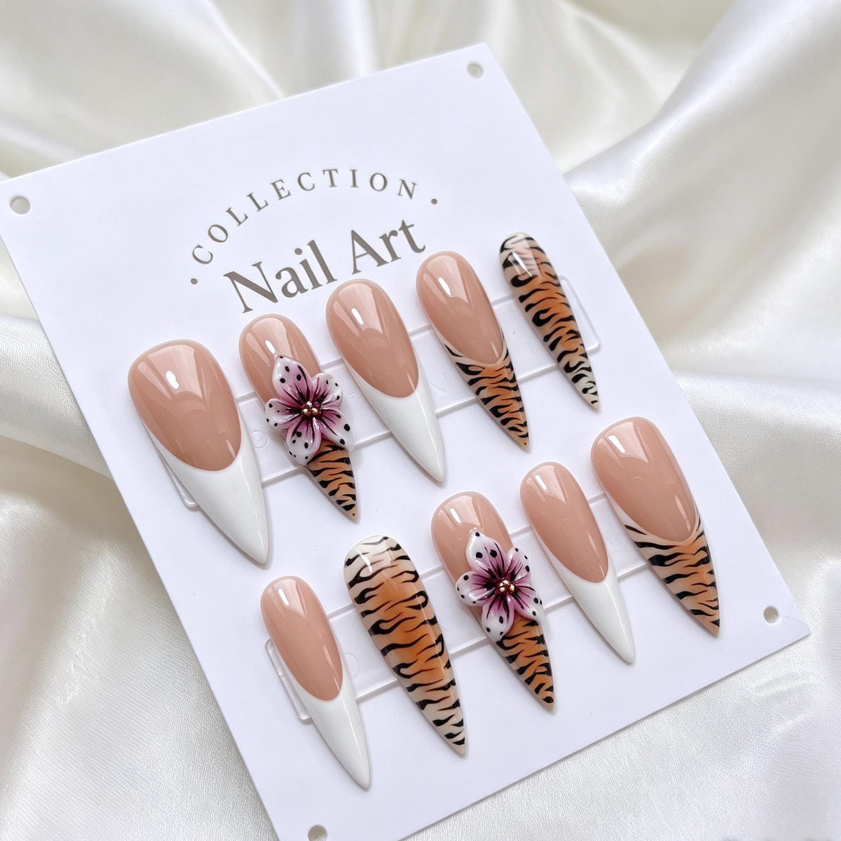 Tiger Print French Tip Nails With 3D Pink Flowers
