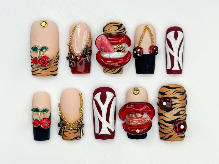 Tiger Stripe Press On Nails With 3D Red Lips, Cherries and Gold Chains