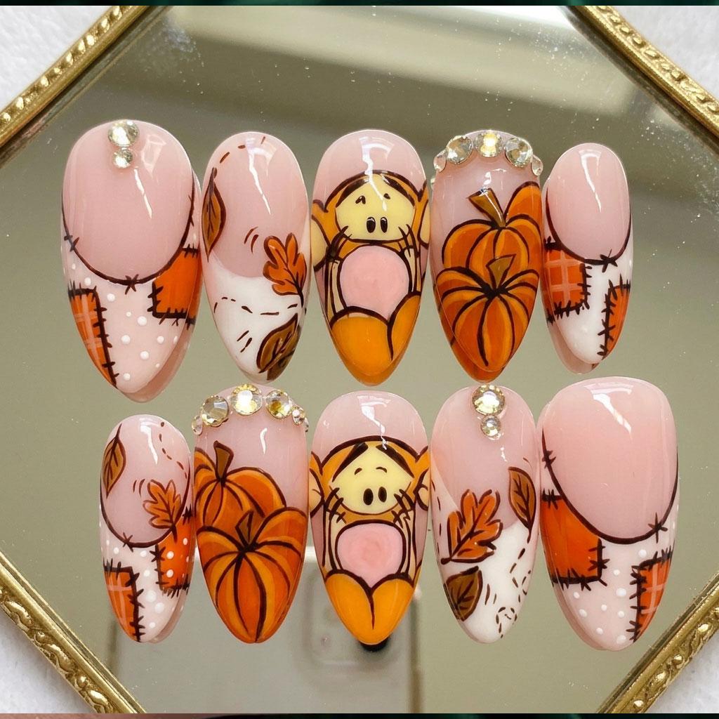 Tigger and Pumpkin Autumn Nail Set with Rhinestone Accents