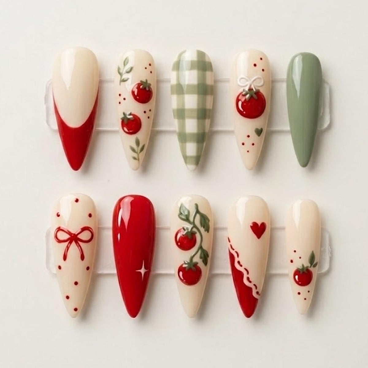 Tomato and Sage Gingham Press-On Nail Set With Bows and Hearts