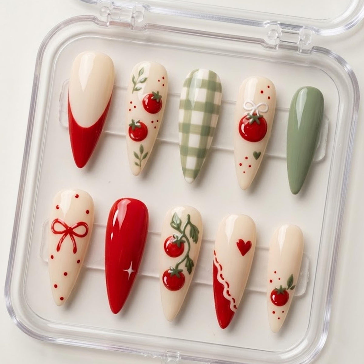 Tomato and Sage Gingham Press-On Nail Set With Bows and Hearts