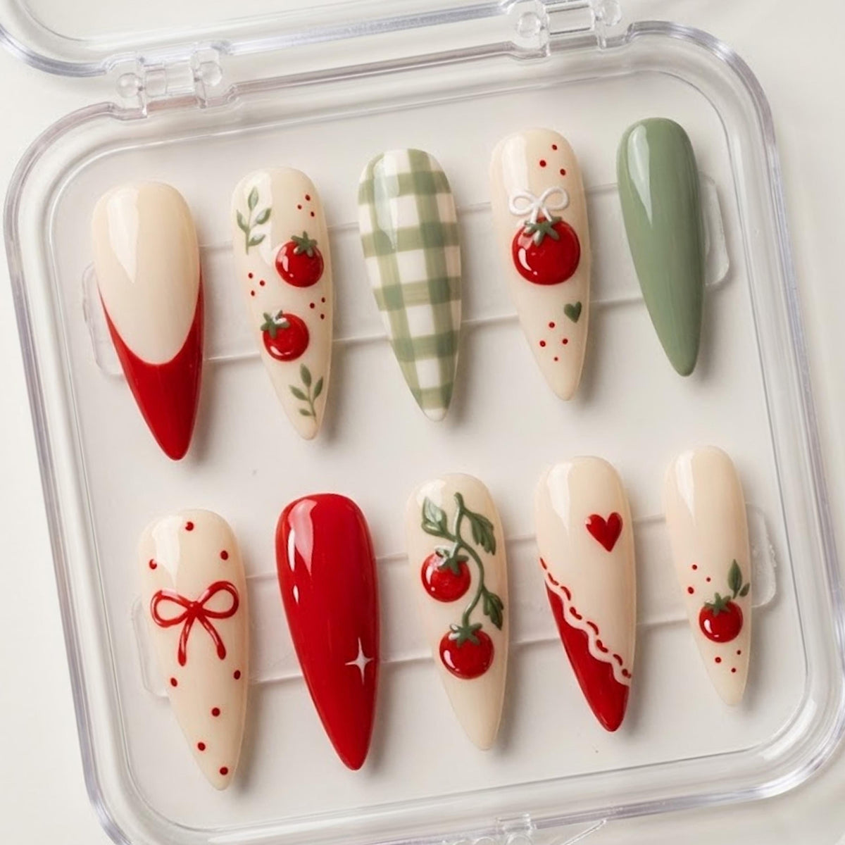 Tomato and Sage Gingham Press-On Nail Set With Bows and Hearts