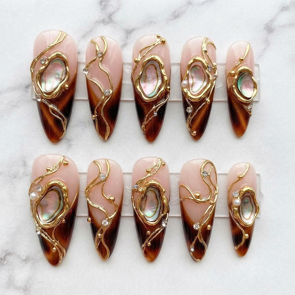 Tortoise Shell Press-On Nails with Iridescent Shell Insets and Gold Details