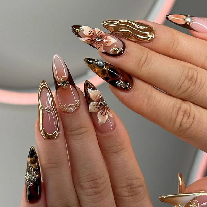 Tortoiseshell and Gold Outline 3D Floral Press-On Nails