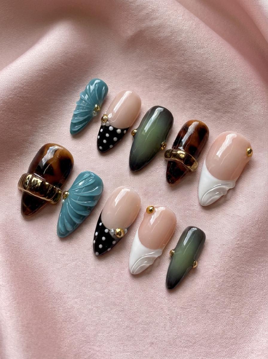 Tortoiseshell and Teal 3D Polka Dot Nail Set