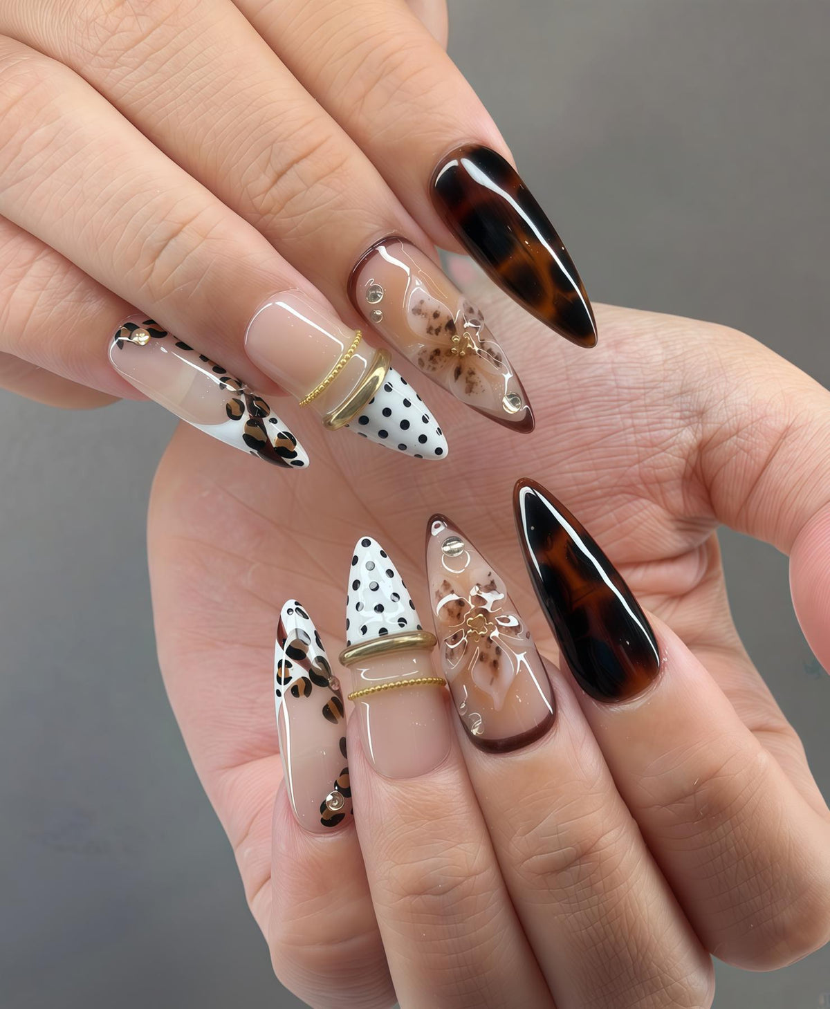 Tortoiseshell Animal Print Nails with Polka Dots, Gold Accents and 3D Flowers