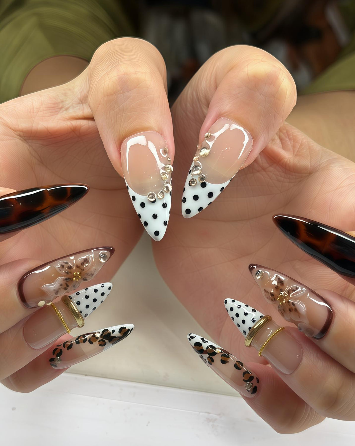 Tortoiseshell Animal Print Nails with Polka Dots, Gold Accents and 3D Flowers