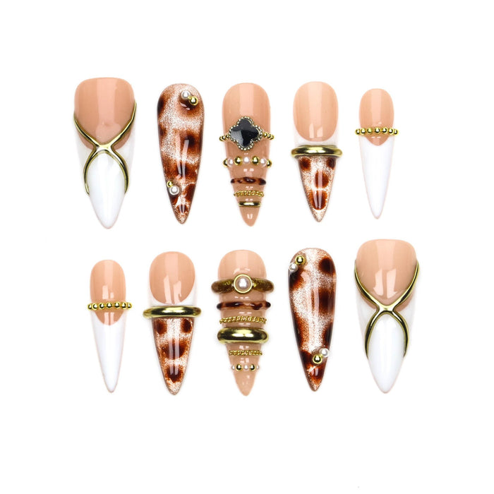 Tortoiseshell Cat Eye French Tip Press On Nails With Gold Details
