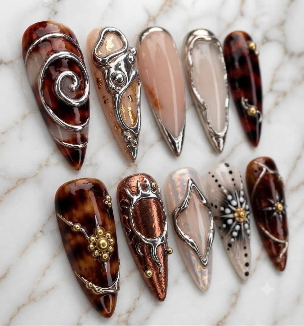 Tortoiseshell Chrome Press On Nails With Ornate Metallic Swirls