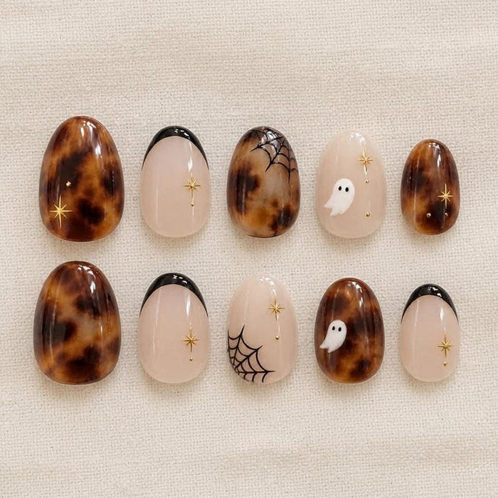 Tortoiseshell Ghost and Spiderweb Halloween Press On Nails with Gold Starbursts