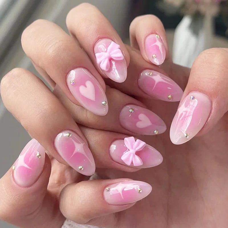 Translucent Blush Pink Nails with 3D Flowers, Bows, Hearts and Gold Accents